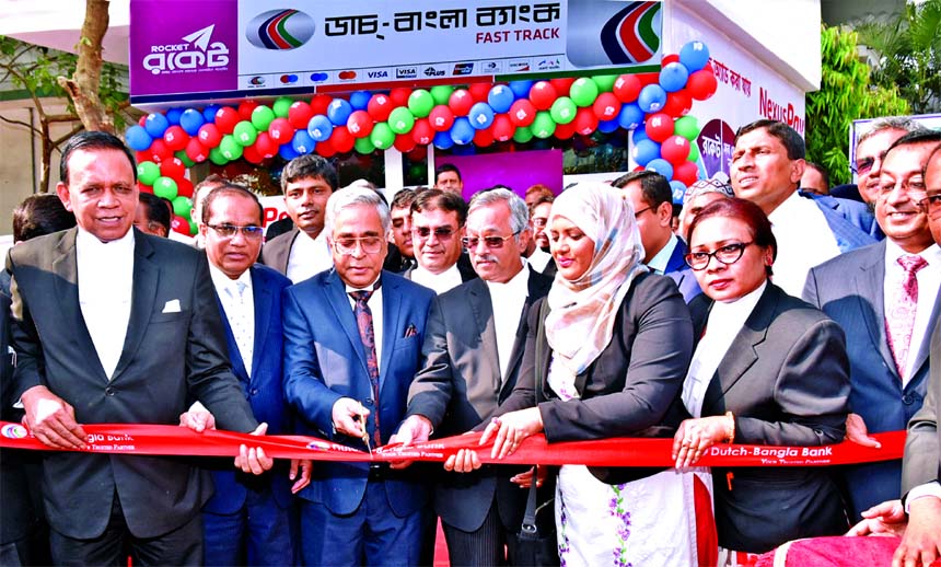 Chief Justice Sayed Mahmud Hossain, inaugurating the Fast Track of Dutch-Bangla Bank Limited at Supreme Court premises on Sunday as chief guest. Advocate Jainul Abedin, President, Barrister AM Mahbub Uddin Khokon, Secretary of Supreme Court Bar Associatio