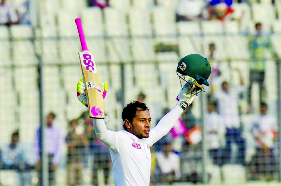 Wicketkeeper-batsman Mushfiqur Rahim celebrating his double century against Zimbabwe on the second day of the second Test between Bangladesh and Zimbabwe at the Sher-e-Bangla National Cricket Stadium in the city's Mirpur on Monday.