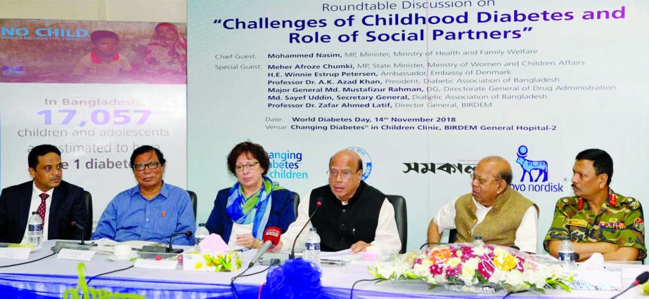 Health and Family Welfare Minister Mohammad Nasim speaking at a roundtable on 'Challenges of Childhood Diabetes and Role of Social Partners' at BIRDEM Hospital-2 in the city's Segunbagicha on Wednesday.