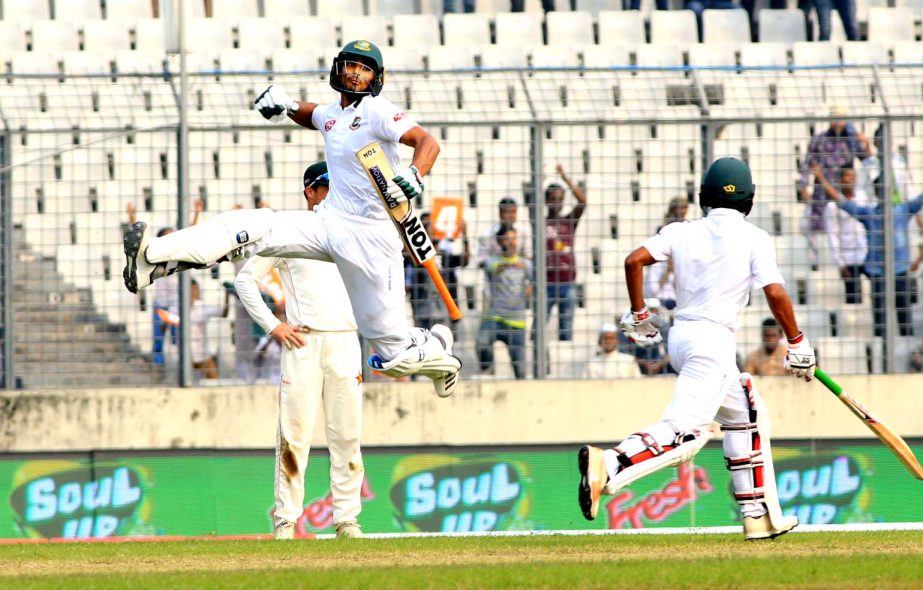 Mahmudullah Riyad of Bangladesh reacting after scoring a century in the second innings against Zimbabwe on the fourth day of the second Test between Bangladesh and Zimbabwe at the Sher-e-Bangla National Cricket Stadium in the city's Mirpur on Wednesday.