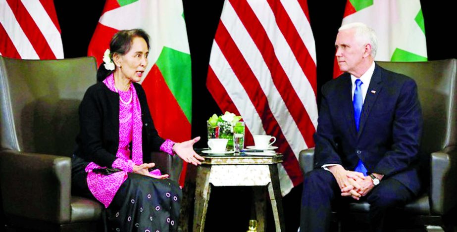 Myanmar's State Counsellor Aung San Suu Kyi and U.S. Vice President Mike Pence hold a bilateral meeting in Singapore.