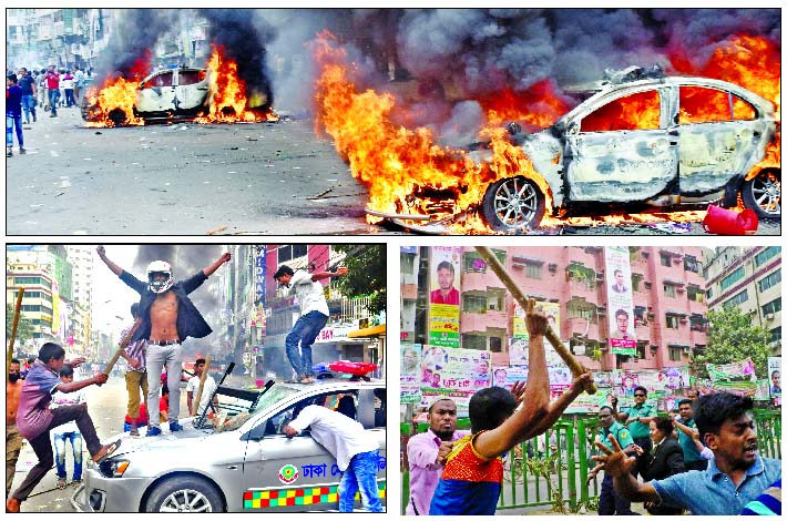 Two police vans being torched during fierce clashes between cops and BNP activists in front of Naya Paltan office on Wednesday. BNP activists attacking policemen with stick (left-bottom); they also vandalised a vehicle before torching it.