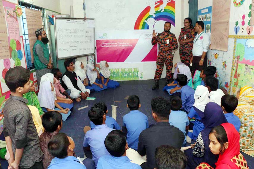 A view of a two-day training on earthquake and fire incidence preparedness at Educo School, Nayanagar, Dhaka recently.