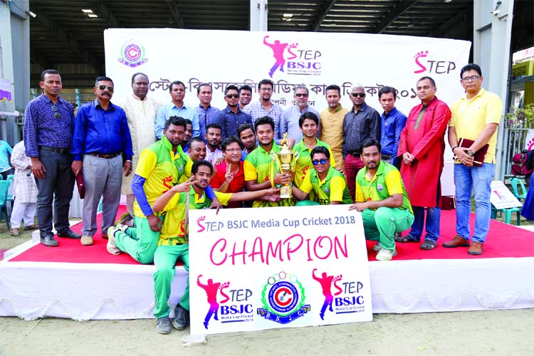 . Members of Bangla Tribune, the champions of the Step-BSJC Media Cup Cricket Tournament with the guests and officials of Bangladesh Sports Journalists Community (BSJC) pose for photograph at the Outer Stadium, which is adjacent to the Bangabandhu Nationa