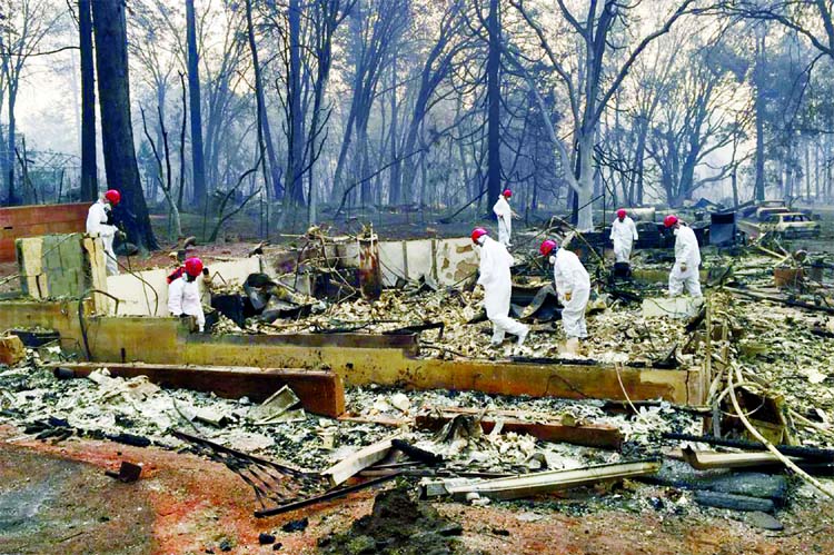 Volunteers rescue workers search for human remains in the rubble of homes burned in the Camp Fire in Paradise Calif.