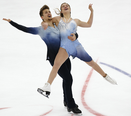 Christina Carreira and Anthony Ponomarenko of the United States perform in the free dance program during the ISU Grand Prix of Figure Skating Rostelecom Cup in Moscow, Russia on Saturday.