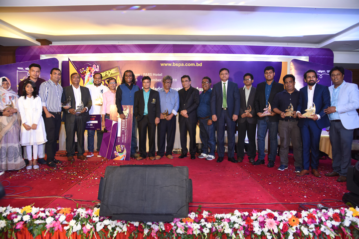 The winner journalists of different categories nominated by Bangladesh Sports Press Association (BSPA) with the guests and officials of BSPA pose for a photo session at the FARS Hotel in the city on Saturday.