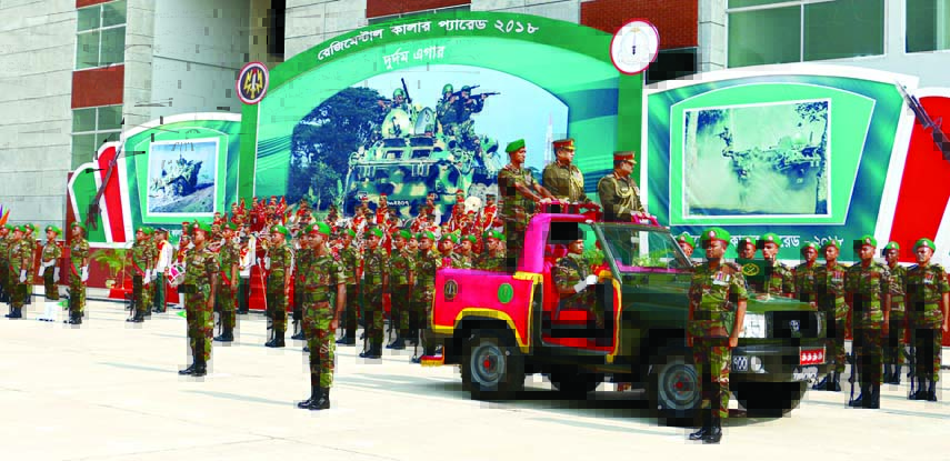 Bangladesh Army Chief Aziz Ahmed inspcting parade on occasion of endorsing regimental colour to Adhoc 11 Bangladesh Infantry Regiment (Machanised ) at CMP Center and School Parade Ground in Savar Cantonment yesterday. Photo : ISPR