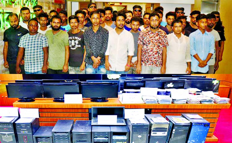 At least 27 'criminals' were arrested by RAB-3 with huge pirated CD and other instruments from city's separate areas. This picture was taken from RAB Media Centre on Monday.