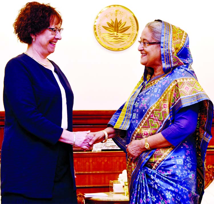 Prime Minister Sheikh Hasina shaking hands with newly appointed Envoy of Denmark to Bangladesh Ms. Winnie Estrup Petersen when the latter calls on Sheikh Hasian at her office on Tuesday.