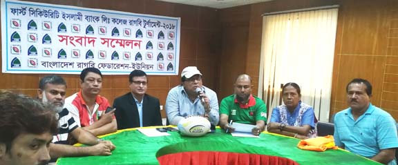 Senior Member of Bangladesh Rugby Union Tareq Khan Mojlish speaking at a press conference at the conference room in the Bangabandhu National Stadium on Thursday.