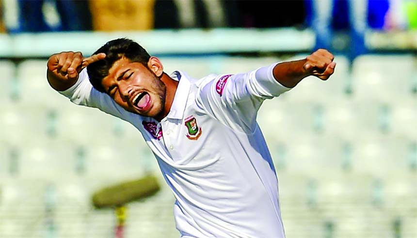 Spinner Nayeem Hasan of Bangladesh reacts after dismissal of Caribbean batsman Kemar Roach on the second day of the first Test between Bangladesh and West Indies at the Zahur Ahmed Chowdhury Stadium in Chattogram on Friday.