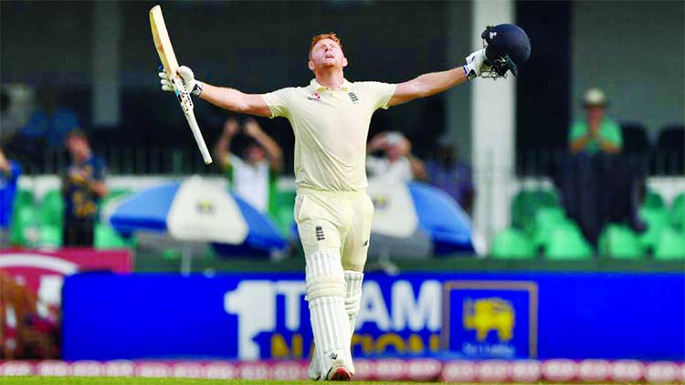 Jonny Bairstow of England celebrating after scoring a century against Sri Lanka on the first day of the third Test between England and Sri Lanka in Colombo on Friday.