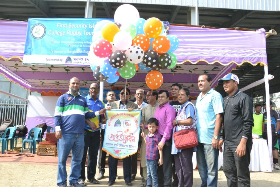 Additional Director of First Security Islami Bank Limited Abdul Aziz inaugurating the 9th First Security Islami Bank (Boys') College Rugby Competition by releasing the balloons as the chief guest at the Outer Stadium, which is adjacent to the Ban