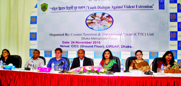 Head of Counter Terrorism and Transnational Crime (CTTC) Unit of DMP Manirul Islam speaking at a seminar on 'Youth Dialogue Against Violent Extremism' organised by CTTC in CIRDAP auditorium in the city on Saturday.