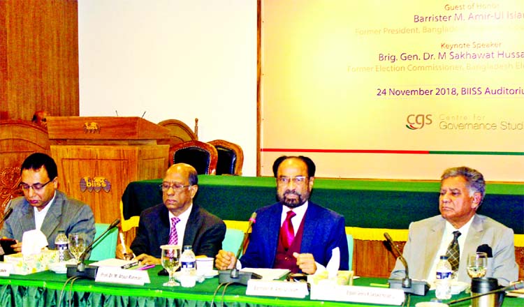 Barrister M Amirul Islam, former President of Bangladesh Supreme Court Bar Association speaking at a seminar on 'Electoral Politics and People's Right to Vote' at BIISS auditorium on Saturday.