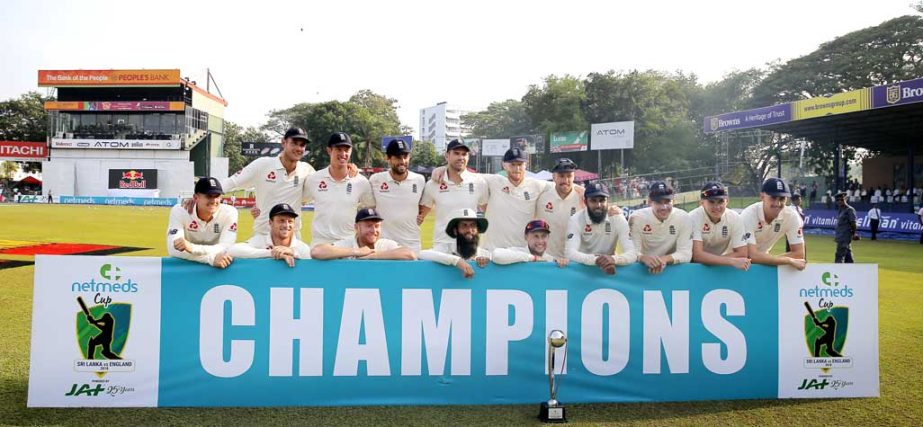Members of the England cricket team members pose for a group photo after the third Test cricket match between Sri Lanka and England in Colombo, Sri Lanka on Monday.