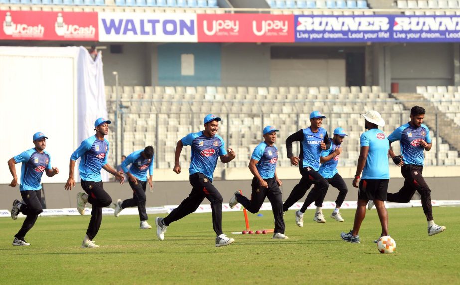 Members of Bangladesh Cricket team during their practice session at the Sher-e-Bangla National Cricket Stadium in the city's Mirpur on Thursday.