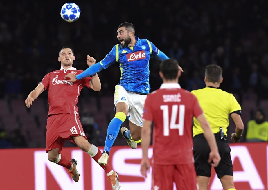 Napoli's Raul Albiol (top center) heads the ball during the Champions League Group C soccer match between Napoli and Red Star Belgrade at the San Paolo stadium in Naples, Italy on Wednesday.
