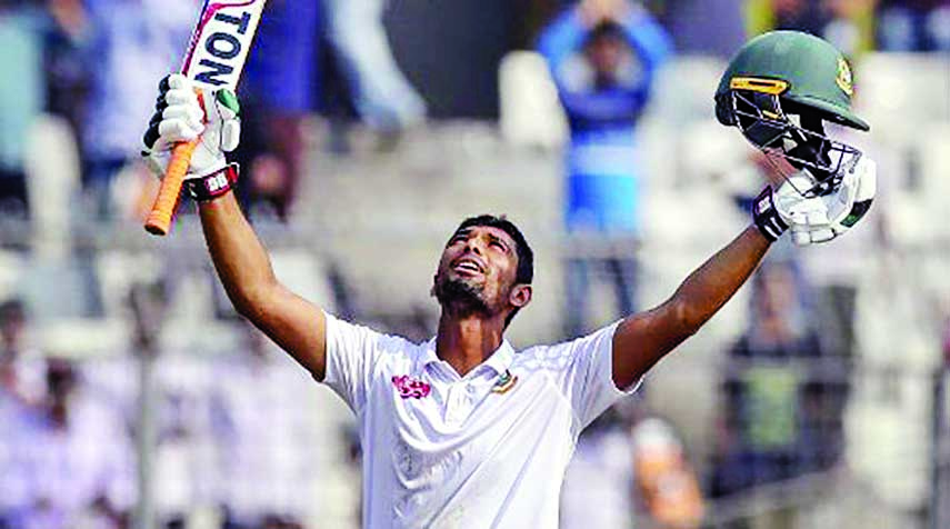Mahmudullah Riyad of Bangladesh celebrating after scoring a century against West Indies on the second day of the second Test between Bangladesh and West Indies at the Sher-e-Bangla National Cricket Stadium in the city's Mirpur on Saturday.