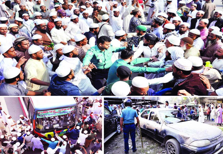 Two factional groups' supporters of Tabligh Jamaat leaders of India Moulana Jubair Hassan and Moulana Saad Kandhalvi took position (top) on Airport Road to establish their supremacy over Ijtema premises on the bank of Turag River. At one stage police try
