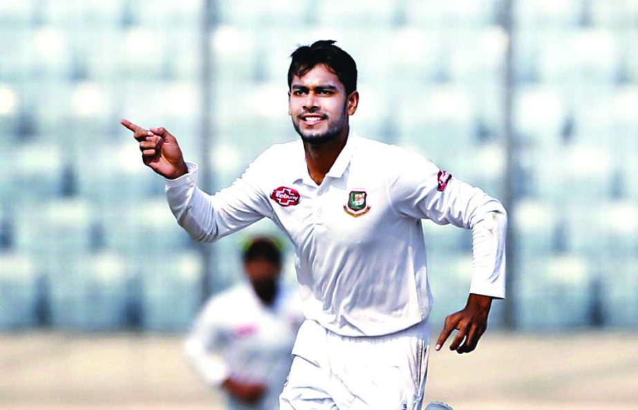 Mehidy Hasan Miraz of Bangladesh celebrating after dismissal the wicket of Shirmon Hetmyer of West Indies during the third day of the second Test between Bangladesh and West Indies at the Sher-e-Bangla National Cricket Stadium in the city's Mirpur on Sun