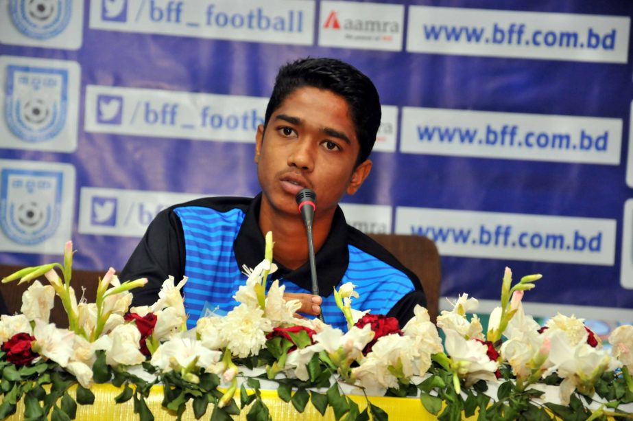 Captain of Bangladesh Under-15 Football team Mehedi Hasan addressing a press conference at the conference room in Bangladesh Football Federation (BFF) House on Wednesday.
