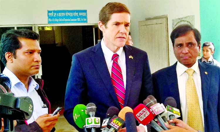 Newly appointed US Envoy to Bangladesh Earl Miller speaking at a press conference after meeting with the Commissioner of Relief and Rehabilitation for Refugees, Abul Kalam in Cox's Bazar on Thursday.