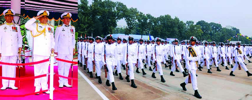 Navy Chief Admiral Nizam Uddin Ahmed taking salam at the passing out parade marking the induction of 789 new entry sailors of Bangladesh Navy at BNS Titumir parade ground at Khalishpur in Khulna on Thursday. ISPR photo