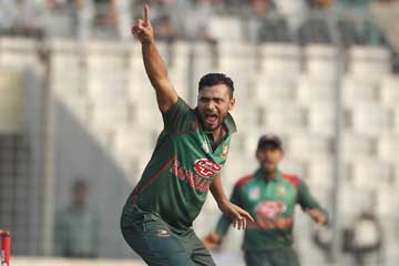 Mashrafe Bin Mortaza of Bangladesh reacts after dismissal of Darren Bravo during the first One Day International match between Bangladesh and West Indies at the Sher-e-Bangla National Cricket Stadium in the city's Mirpur on Sunday. Mashrafe grabbed thre