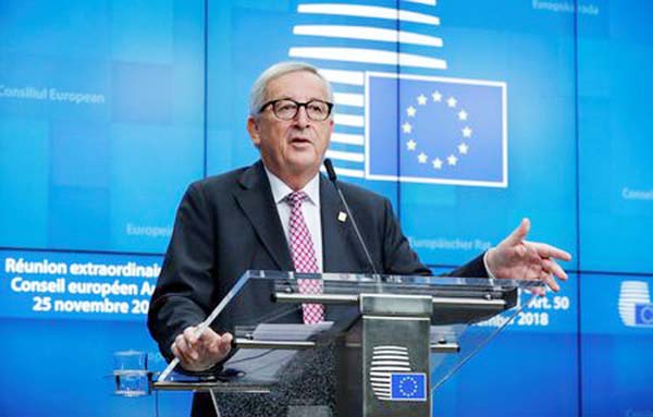 European Commission President Jean-Claude Juncker attends a news conference after the extraordinary EU leaders summit to finalise and formalise the Brexit agreement in Brussels, Belgium.