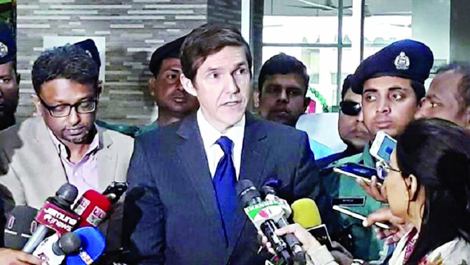 US Ambassador Robert Miller holding talks with media after discussing polls issue with Chief Election Commissioner KM Nurul Huda at EC office on Tuesday.