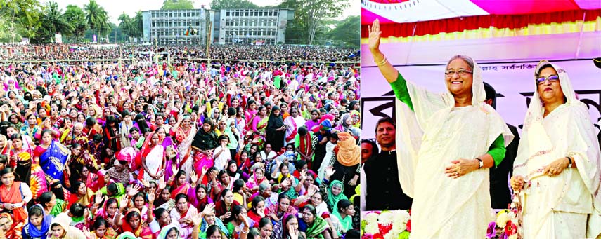 Prime Minister Sheikh Hasina along with Sheikh Rehana launches party campaign for 11th parliamentary election through addressing a public rally at Sheikh Lutfar Rahman Govt Degree College ground at Kotalipara in Tongipara on Wednesday.