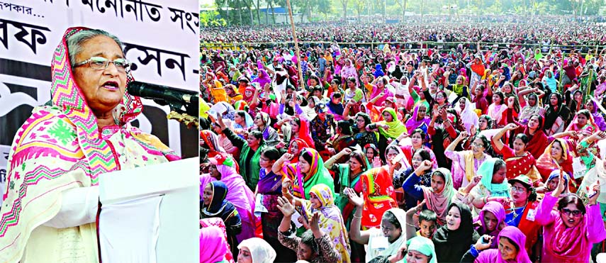 Prime Minister Sheikh Hasina addressing a huge rally at Kamarpur Abdul Aziz Academy Maidan in Faridpur on Thursday.