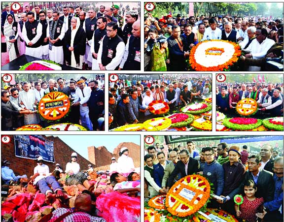 (1) Awami League President and Prime Minister Sheikh Hasina along with other leaders of the party stands in solemn silence after placing floral wreaths at the Martyred Intellectuals Memorial in the city's Mirpur on Friday marking the Martyred Intellectu