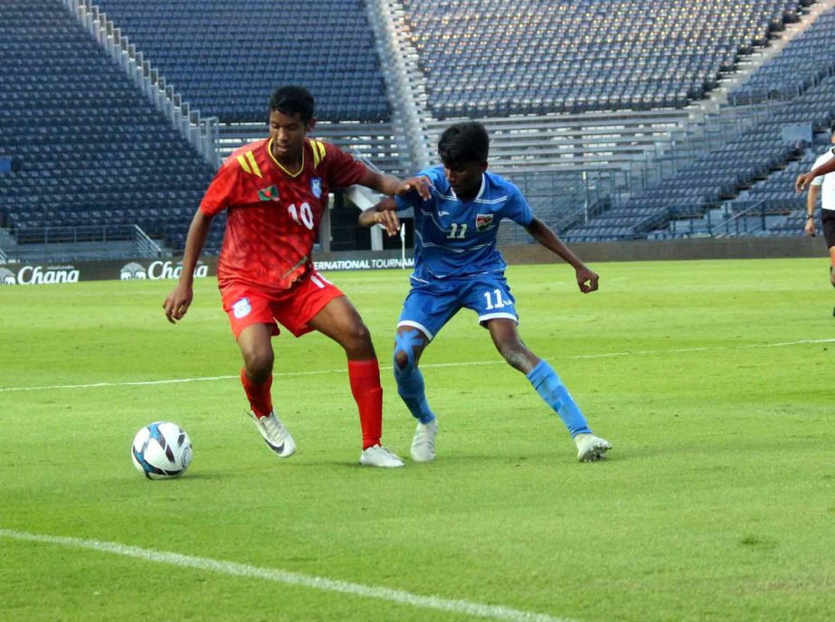 An action from the football match of the UEFA Under-15 Friendly Football Tournament between Bangladesh Under-15 Football team and Maldives Under-15 Football team at Buriram in Thailand on Friday. Bangladesh drubbed Maldives by ten goals to nil.