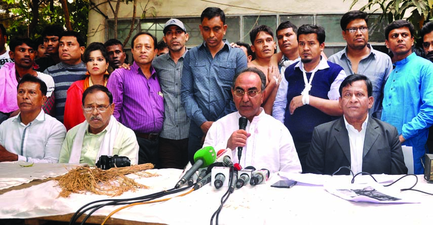 BNP candidate of Dhaka-8 constituency Mirza Abbas speaking at a prÃ¨ss conference at his residence in the city on Saturday in protest against attack on his electioneering in the city's Segunbagicha area.