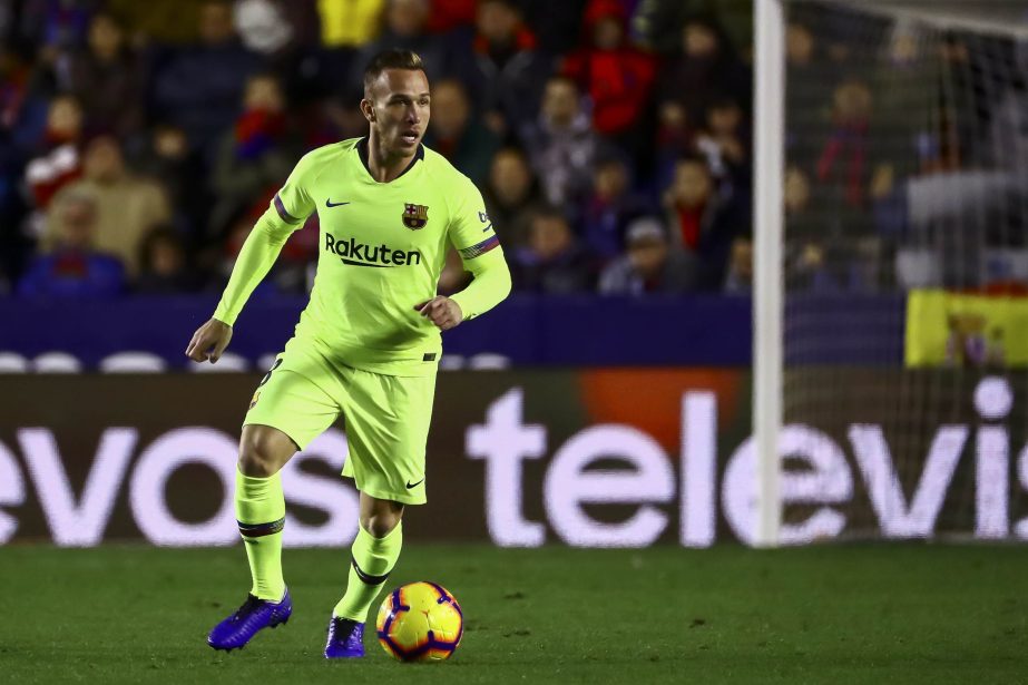 FC Barcelona's midfielder Arthur during the La Liga soccer match between Levante UD and FC Barcelona at Ciutat de Valencia stadium in Valencia, Spain on Sunday.