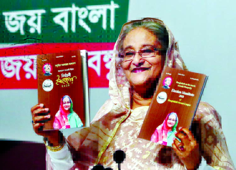 Prime Minister Sheikh Hasina rolls out 21-pt poll manifesto with various pledges ahead of 11th parliamentary election at a city hotel on Tuesday.