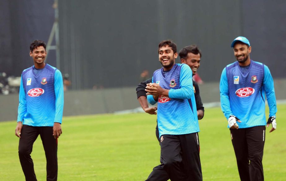 Members of Bangladesh Cricket team during their practice session at the Sher-e-Bangla National Cricket Stadium in the city's Mirpur on Wednesday.