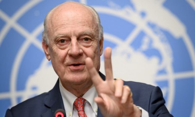 UN Special Envoy for Syria Staffan de Mistura speaks after a meeting in Geneva on Tuesday.