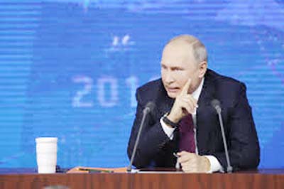 Russian President Vladimir Putin speaks during annual news conference in Moscow, Russia on Thursday.