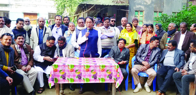 MODHUKHALI (Faridpur): Awami League nominated candidate for Faridpur-1 Constituency Monjur Hossain Bulbul speaking at an election meeting at Karannopur under Jahapur Union on Thursday.