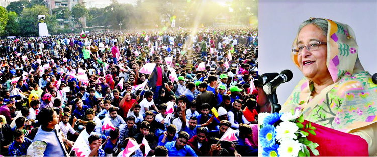 Prime Minister Sheikh Hasina addressing a huge rally at the city's Gulshan Youth Club Maidan on Friday.