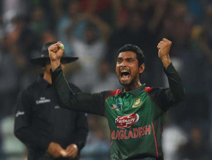 Mahmudullah Riyad reacts after dismissal of the wicket of Ewin Lewis of West Indies during the third and final Twenty20 International match at the Sher-e-Bangla National Cricket Stadium in the city's Mirpur on Saturday.