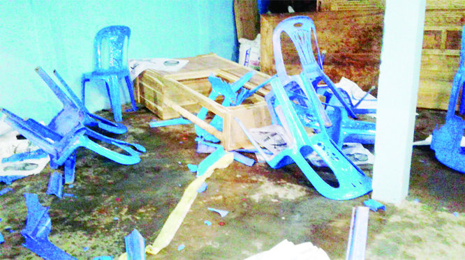 Kulaura (Moulvibazar): A view of vandalised Awami League office at Kulaura Upazila on Wednesday.