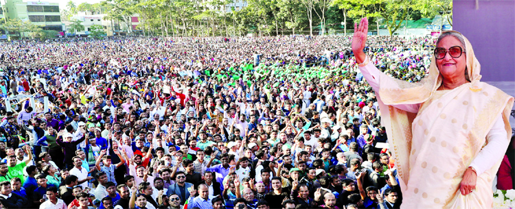 Prime Minister Sheikh Hasina waving a big public rally at the Sylhet Alia Madrasah Maidan on Saturday.