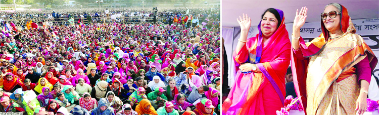 Prime Minister Sheikh Hasina and local Awami League candidate Dr Shirin Sharmin Chowdhury waving the huge public gathering held at the Pirganj Government Secondary School Maidan on Sunday.