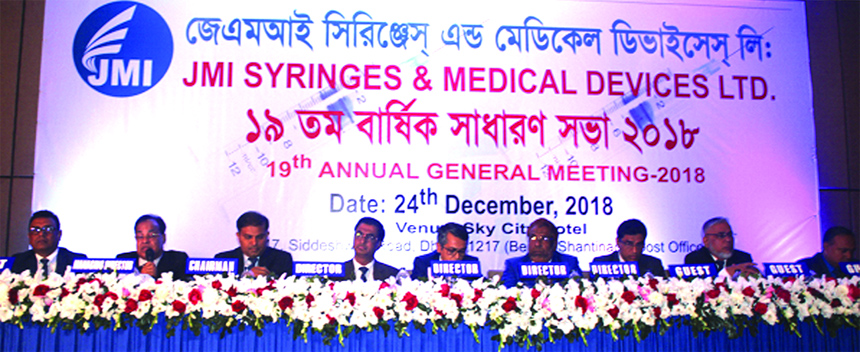 Md. Jabed Iqbal Pathan, Chairman of JMI Syringes & Medical Devices Ltd, presiding over its 19th Annual General Meeting of the Company at Sky City Hotel, Siddeshwari Road on Monday. Md. Abdur Razzaq, Managing Director and Muhammad Tarek Hossain Khan, Compa