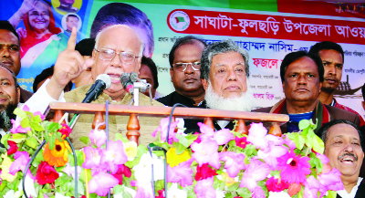 SAGHATA (Gaibandha): Health and Family Welfare Minister Md Nasim speaking at an election campaign in favour of Grand Alliance candidate Adv Md Fazle Rabbi Miah from Gaibandha-5 at Bhorat Khali High School premises as Chief Guest on Monday.